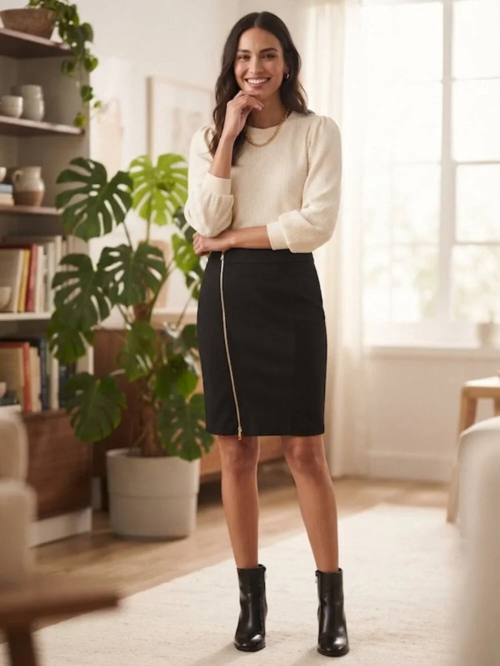 JustFab Asymmetrical Zip Midi Pencil Skirt Black S - Picture 1 of 7